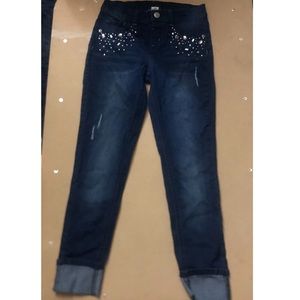 Blue Distressed Mid-Rise Jeggings With Gems | Justice | Size 14 girls